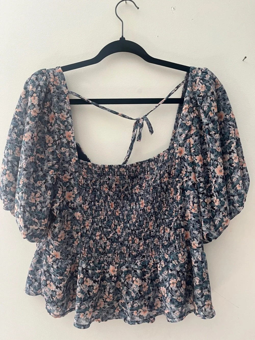 ASTR the label Puff-Sleeve Floral Peplum Top in Pink and Green crop cottage core